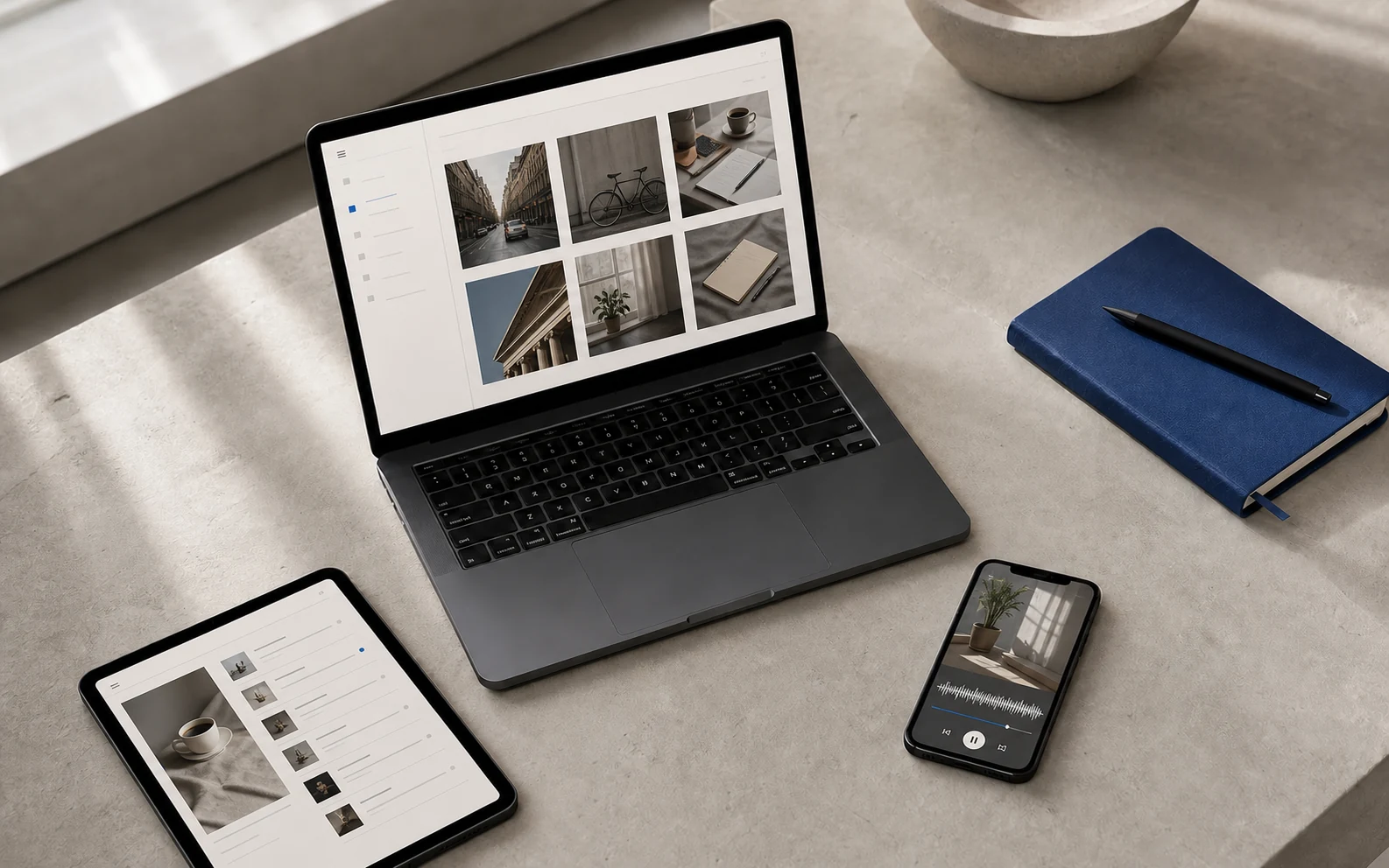 A laptop, tablet and phone arranged on a quiet studio desk