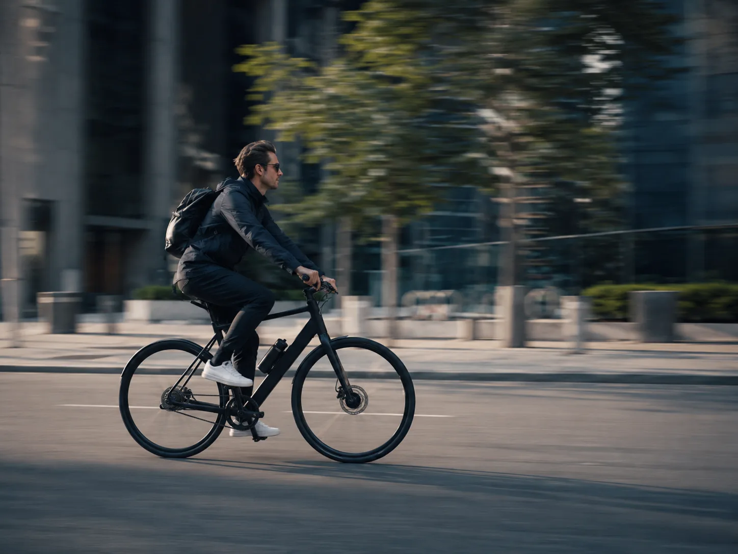 A cyclist moving through the city