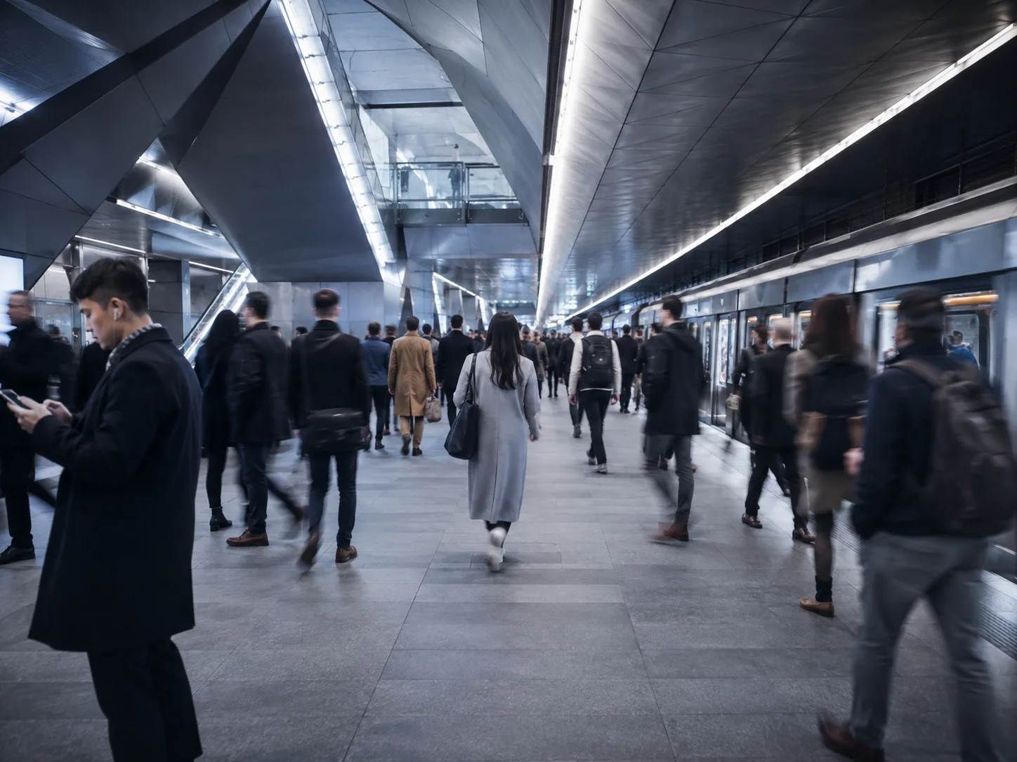 People moving through a modern metro station